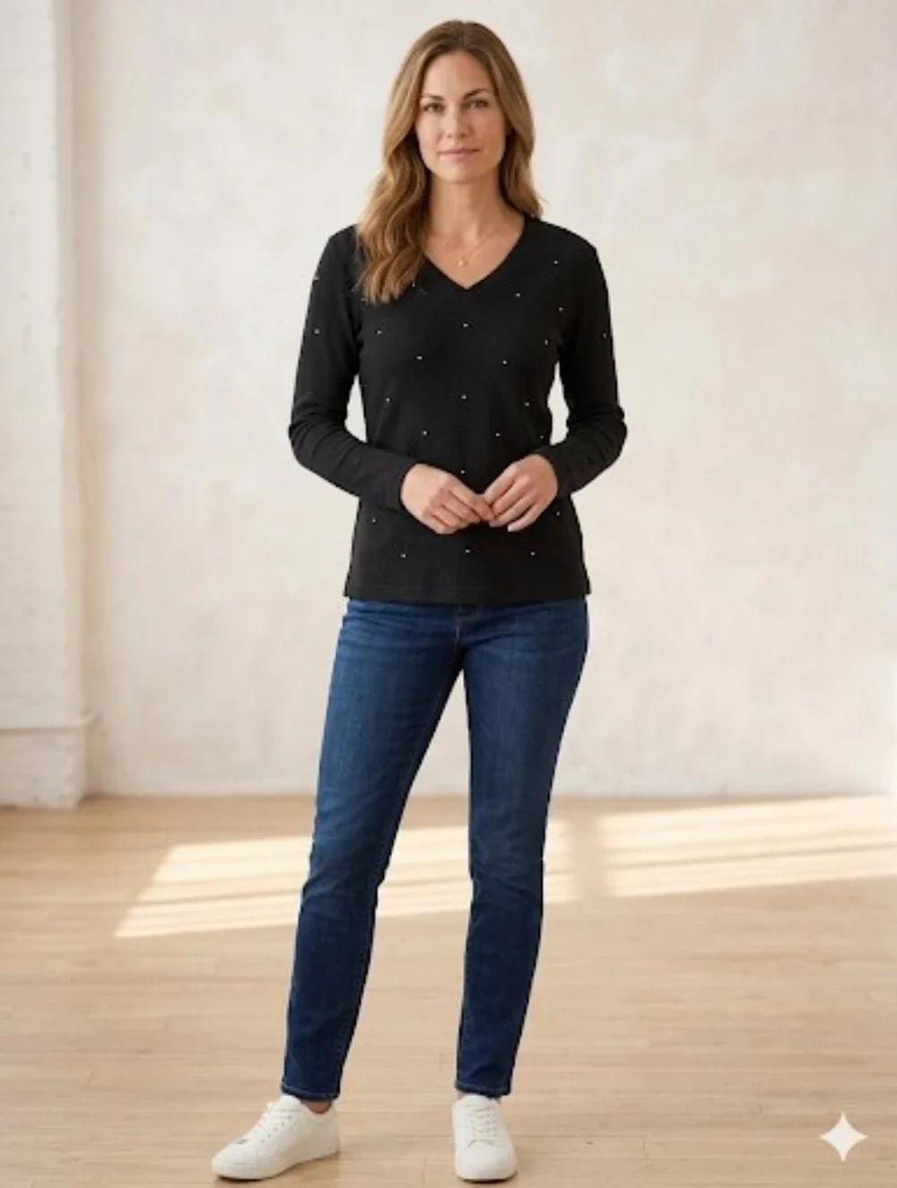 Quacker Factory Black Waffle Knit V-Neck Long Sleeve Sweater with Rhinestone